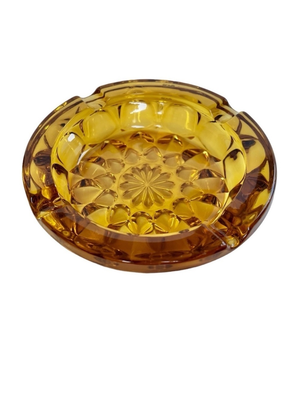 Vintage 1970s Anchor Hocking Amber Glass Fairfield Pattern Starburst 6” Ashtray